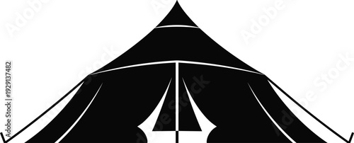 Silhouette of large circus event tent with pointed peak and curved sides, black and white outdoor festival structure illustration, camping performance vector artwork
