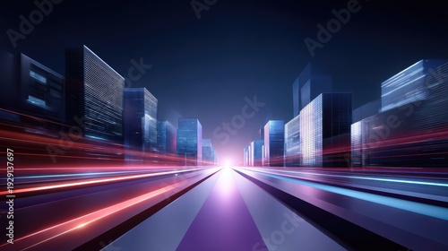 Futuristic Cityscape at Night with Motion Blur and Dynamic Lights Highlighting Urban Architecture and Technology in a Vibrant Skyline