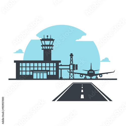 Airport terminal building with control tower and airplane on runway