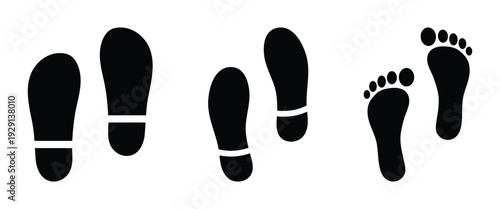 Black and white footprint icon and silhouette design elements, used to Represent orthopedics, foot pain, trauma services and signifying foot care products. Vector illustration.