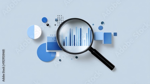 Magnifying Glass Over Abstract Graph and Geometric Shapes in Blue Color Palette Illustrating Data Analysis and Visualization Concepts