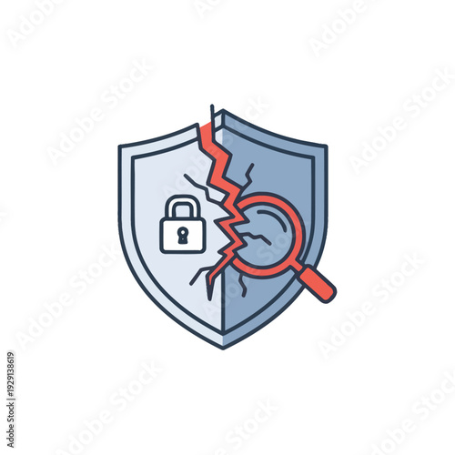 Broken security shield with padlock and magnifying glass icon