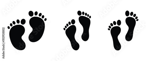 Set of different human footprints isolated on a white background, ideal for footprints, shoe prints, social distancing markers, and massage therapy centers. Vector illustration.