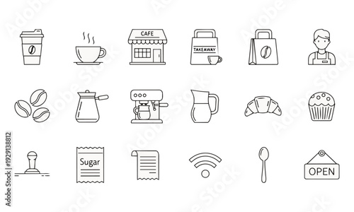 Coffee Shop and Cafe Line Icon Set – Barista, Espresso Machine, Takeaway and Bakery Symbols