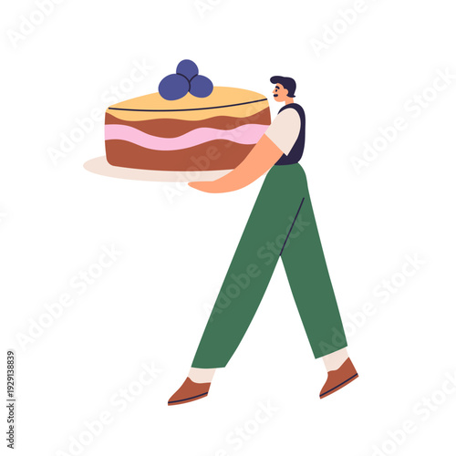 Man carrying big cake, pastry dessert in hands. Tiny person walking with large sweet patisserie. Baker, confectioner holding confectionery. Flat vector illustration isolated on white background.