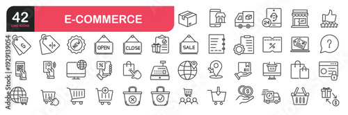 Set of line icons related to customer, shopping, retail store, online shop, cart, delivery, payment, truck, discount. Outline icons collection. Editable stroke. Vector illustration