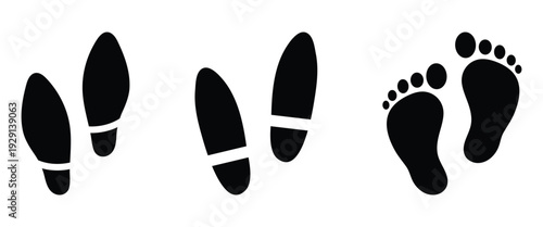 Set of different human footprints isolated on a white background, ideal for footprints, shoe prints, social distancing markers, and massage therapy centers. Vector illustration.