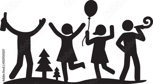 Celebration Party People With Balloon Horn and Bottle Iconography