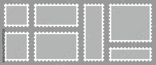 Collection of blank postage stamp design set are used for sending letters and parcels via a postal system, design and marketing material. Postage template isolated on gray background.
