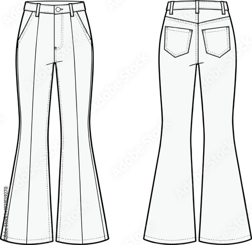 Technical fashion flat sketch of flared pants with waistband, belt loops, button closure, side and back pockets, seam details, garment construction illustration for apparel design