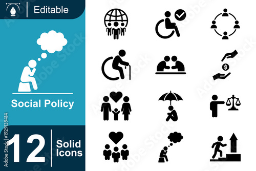Social policy and community support icons disability aid, family care, global responsibility, and legal fairness symbols for presentations and infographics