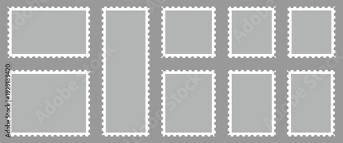 Collection of blank postage stamp design set are used for sending letters and parcels via a postal system, design and marketing material. Postage template isolated on gray background.