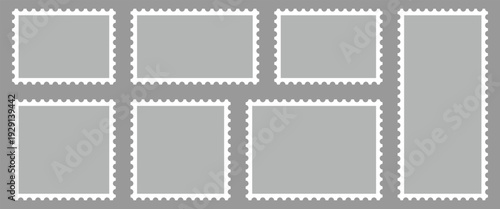 Collection of blank postage stamp design set are used for sending letters and parcels via a postal system, design and marketing material. Postage template isolated on gray background.