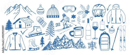 hand drawn Blue chalk set of ski elements. Vintage illustration of winter jacket, pine tree, glaciers, ice skating boots and winter decorative elements for card or graphic design.