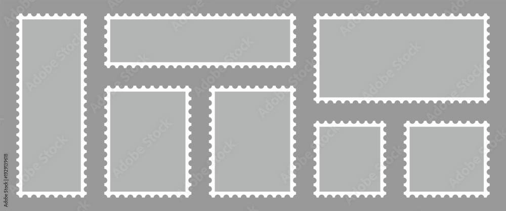Fototapeta premium Rectangular postage labels collection designed for mail and postal service. Blank postal stamp isolated on gray background. Vector illustration.