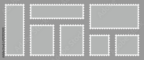 Rectangular postage labels collection designed for mail and postal service. Blank postal stamp isolated on gray background. Vector illustration.