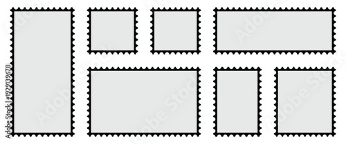 Rectangular postage labels collection designed for mail and postal service. Blank postal stamp isolated on gray background. Vector illustration.
