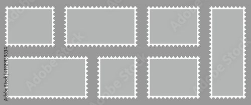 Rectangular postage labels collection designed for mail and postal service. Blank postal stamp isolated on gray background. Vector illustration.
