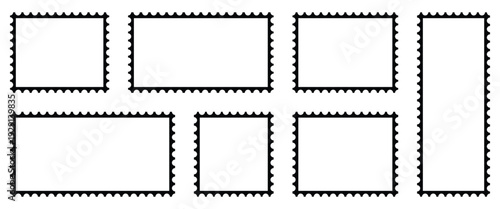 Black and white Postage stamp borders used for product branding stickers, digital interfaces, marketing and mailing Services.