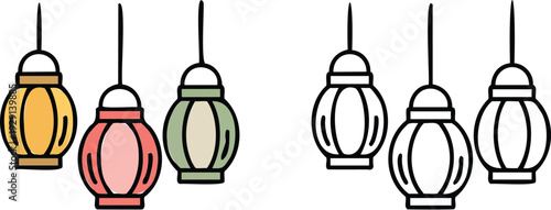 Lantern Illustration and outline set isolated on transparent background