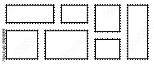 Black and white Postage stamp borders used for product branding stickers, digital interfaces, marketing and mailing Services.