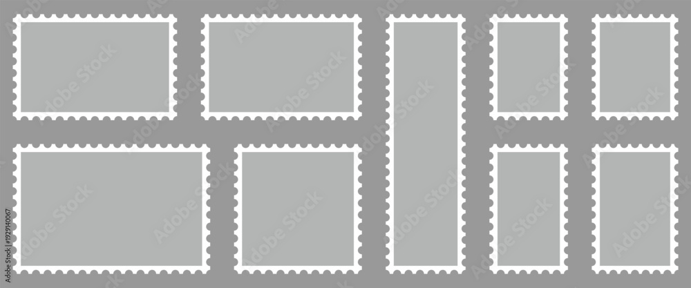 Obraz premium Flat vector post stamp icon set on gray background. Postage icon for delivering mail, letters and packages.
