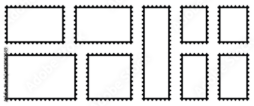 Black and white Postage stamp borders used for product branding stickers, digital interfaces, marketing and mailing Services.