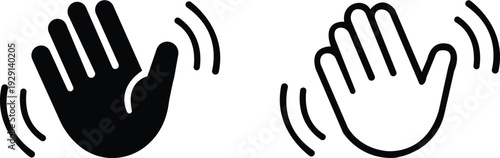 Waving hand icon set. Hand hello, bye hand, welcome, goodbye, gesture - stock vector. Vector illustration of a waving hand gesture in solid black and outline versions, isolated on a transparent backgr