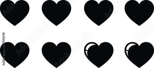 Heart shape silhouette set for romance and wedding decoration, love symbols collection isolated on white, cad drawing flat vector illustration, valentine day icons