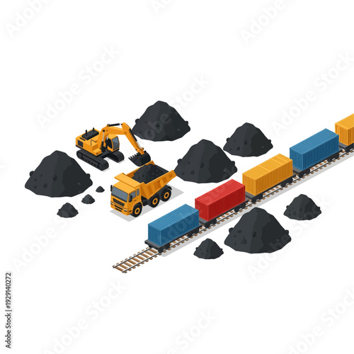 Isometric Coal Mining Operation with Excavator, Dump Truck, and Train.