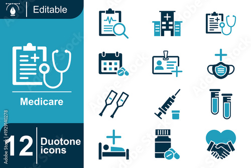 Medicare icons a collection of 12 duotone icons featuring medical symbols, healthcare, and wellness services, perfect for digital and print applications