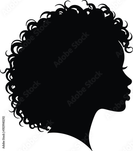 Side profile silhouette of woman with curly afro hairstyle isolated on white background black vector illustration