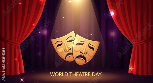 Theatrical masks on stage with red curtains for world theatre day celebration