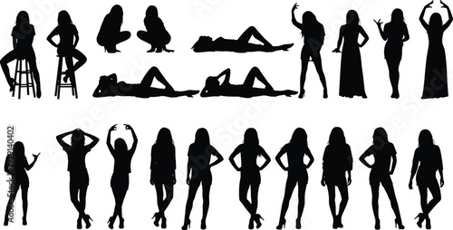 Set of sexy woman silhouettes in seductive poses sitting standing and lying isolated on white background vector collection