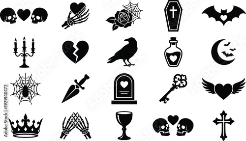 Gothic silhouette collection with skulls, skeleton hands, raven, coffin, dagger, and occult symbols, cad drawing flat vector illustration, dark aesthetic tattoo design elements