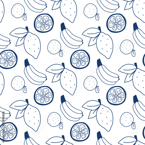 Seamless pattern with blue silhouettes of citrus fruits. Outline illustrations of lemon, mandarin, orange and bananas. Mediterranean style fruit hand drawn print for textiles, packaging and design