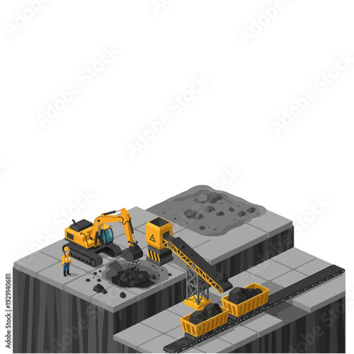 Isometric coal mining operation with heavy machinery and workers extracting resources.