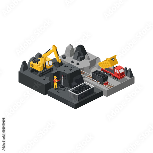 Isometric Mining Operation with Excavator, Dump Truck, and Coal Wagons.