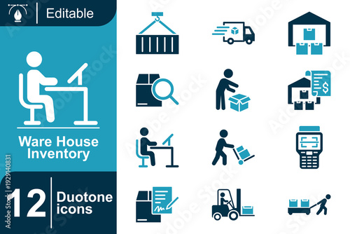 Logistics and Warehousing Icon Set Inventory Management, Shipping, Delivery, Storage, and Forklift Icons for Supply Chain Operations