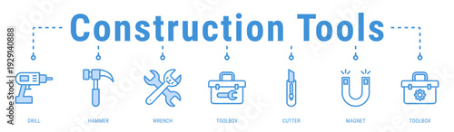 Construction Tools banner highlighting essential hand and power tools used for building, repair, and maintenance tasks