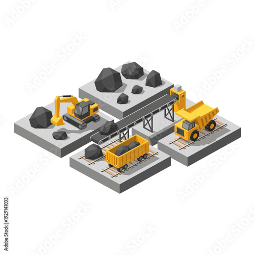 Isometric Mining Operation with Heavy Machinery and Raw Materials.