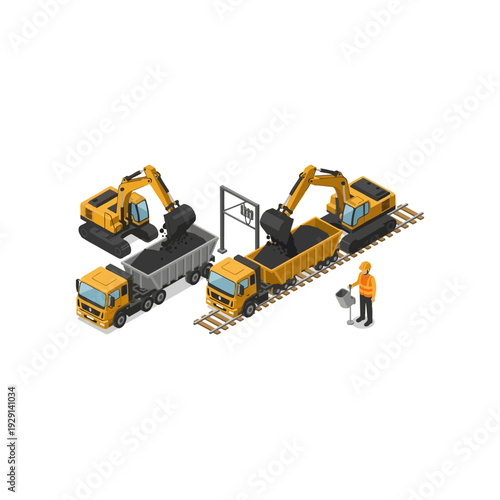 Isometric Mining Operation with Excavators Loading Coal onto Trucks and Train Cars.