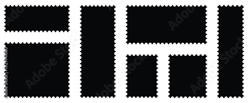 Black color postage stamp icon set in flat style. Postage stamp vector used for retro branding, vector designs for web backgrounds, digital Interfaces and document tools. Vector art and illustration.
