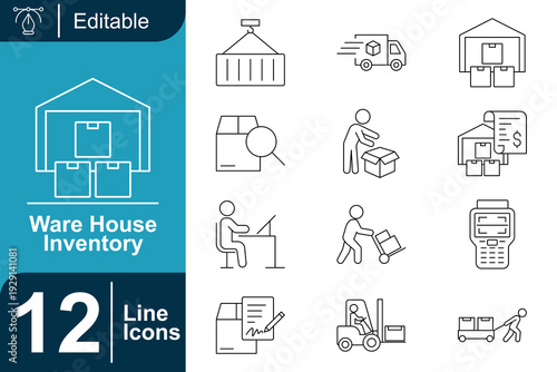 Collection of Line Icons Representing Warehouse Inventory Management, Logistics, Shipping, Storage, and Delivery Processes with Editable Elements