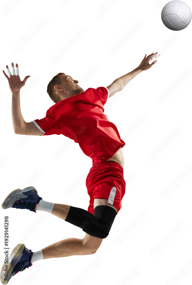 Fototapeta premium Male volleyball player jumping for spike with ball on transparent background. Concept of professional indoor sport action, powerful attack movement and athletic competition energy.