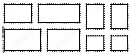 Black and white postage stamp icon set in flat style. Postage stamp vector used for retro branding, vector designs for web backgrounds, digital Interfaces and document tools. Vector illustration.