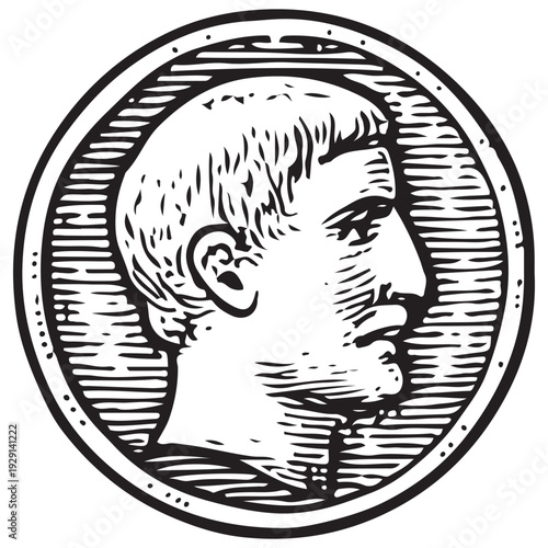 Vintage Roman Emperor Portrait Engraved Coin Classical Antique Medallion Profile Line Art