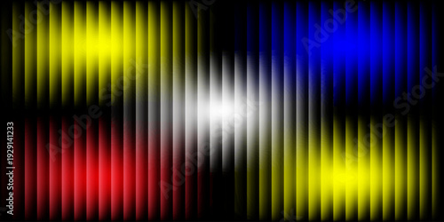 Abstract digital background with glowing neon yellow, blue, and red vertical bars. Futuristic tech texture with primary color light gradients on black. Rhythmic geometric pattern for music and cyber.