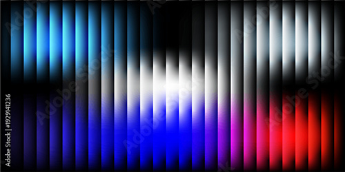 Abstract digital background with glowing neon vertical bars. Futuristic tech texture with blue, red, and white light gradients on black. Geometric rhythmic pattern for gaming and cyber design.