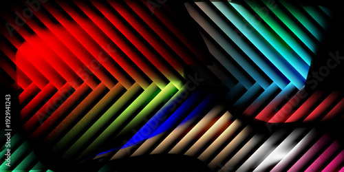 Abstract digital background with glowing neon diagonal bars. Futuristic tech texture with red, green, blue, and white light gradients on black. Dynamic geometric pattern for gaming and cyber design.